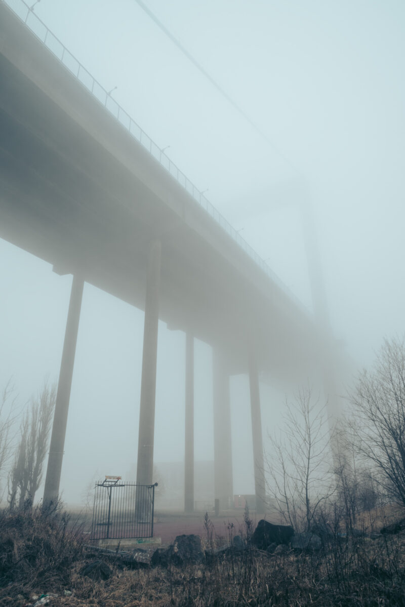 The Älvsborg Bridge surrounded by deep fog