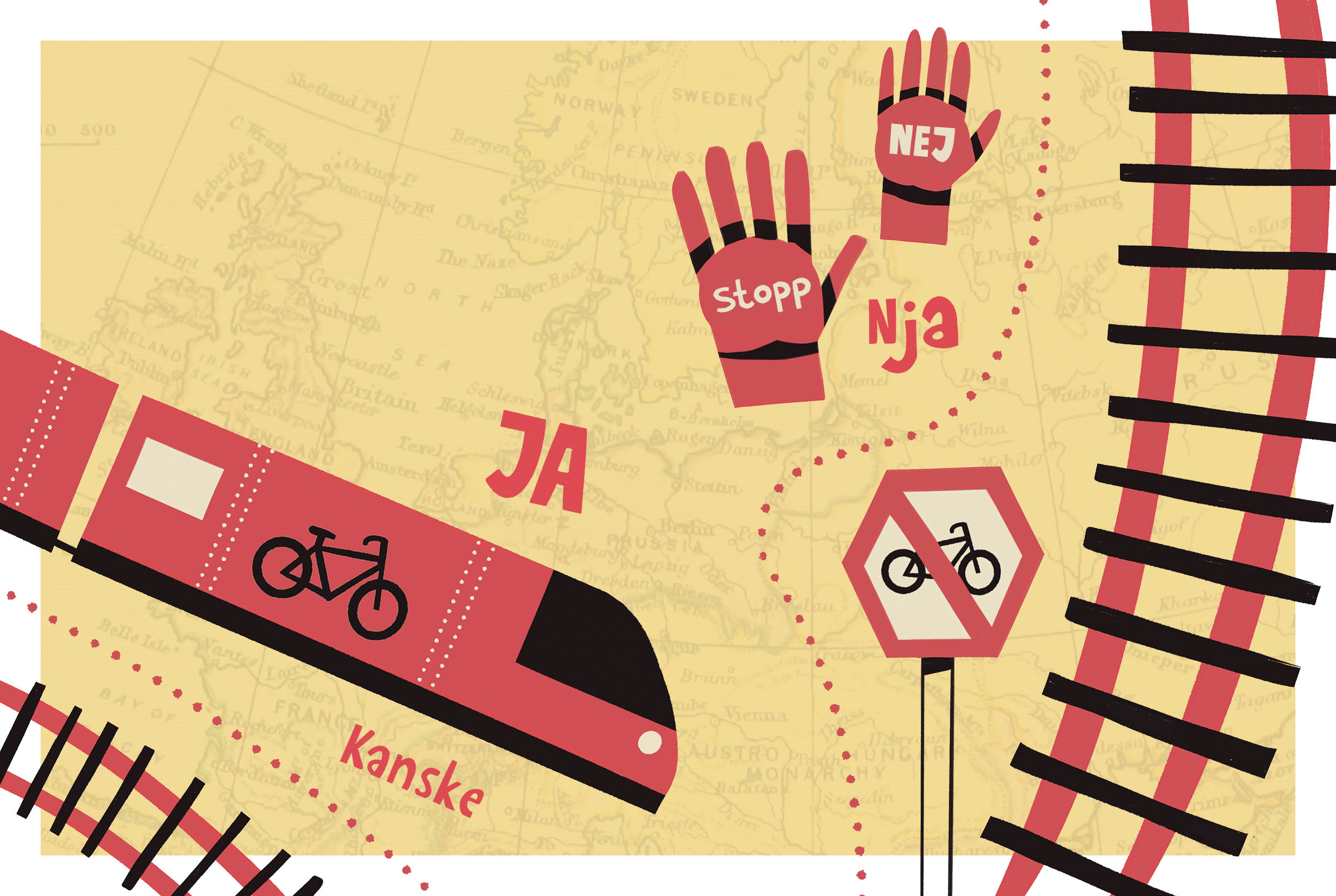 A train, railway and hands on top of a European map. You also see a that tells us that bikes are forbidden, as well as several words saying "yes", "no" and "maybe".