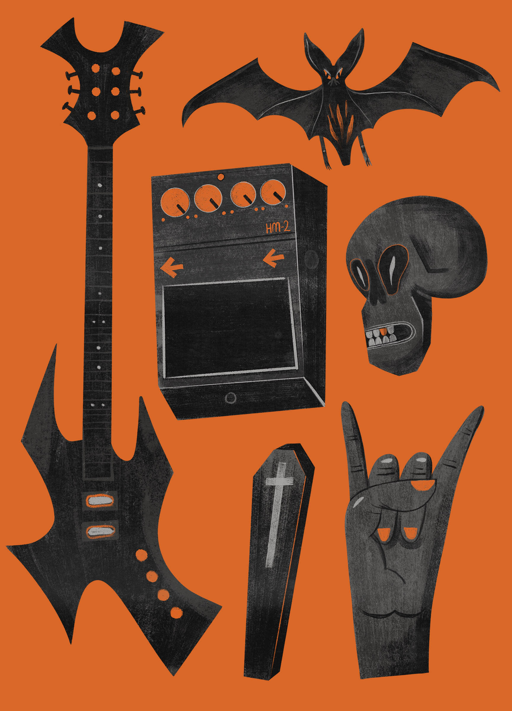 Famous Death Metal symbols - a guitar, the heavy metal pedal, a bat, a skull, a chest and a hand making the devil symbol