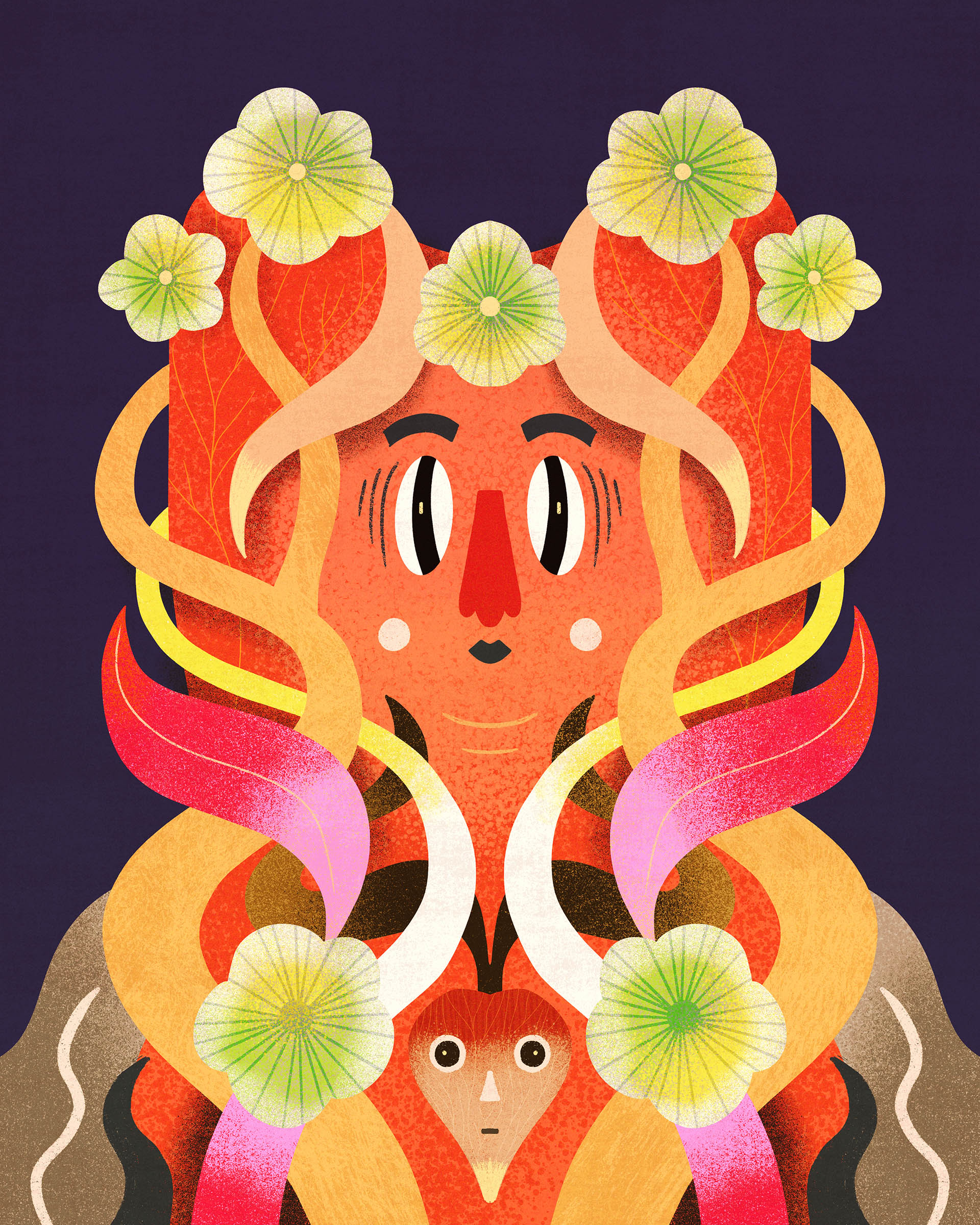 Creature with big ears covered in branches, flowers and leaves.