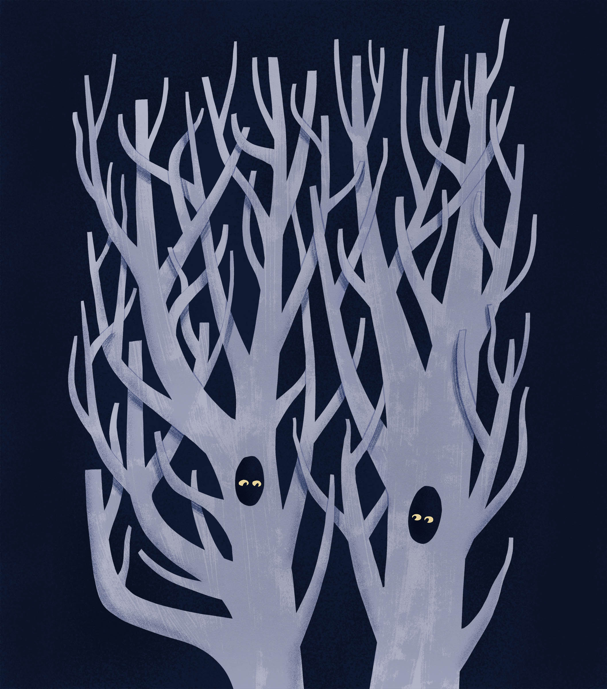 Two trees with tangled branches. Each tree contain a hole where two set of eyes are peeking out.