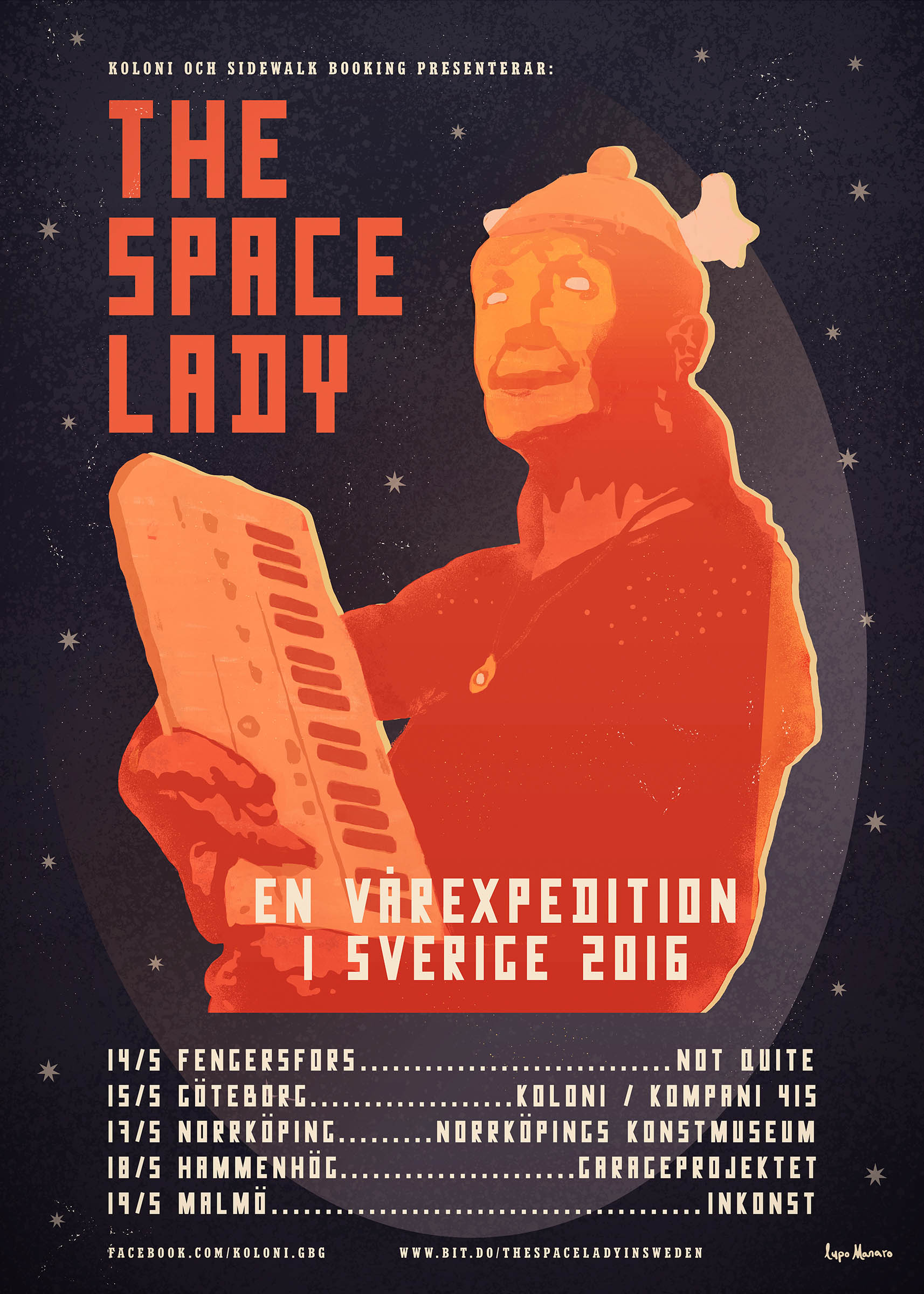 The Space Lady standing with a keyboard in her arms against a starry sky.