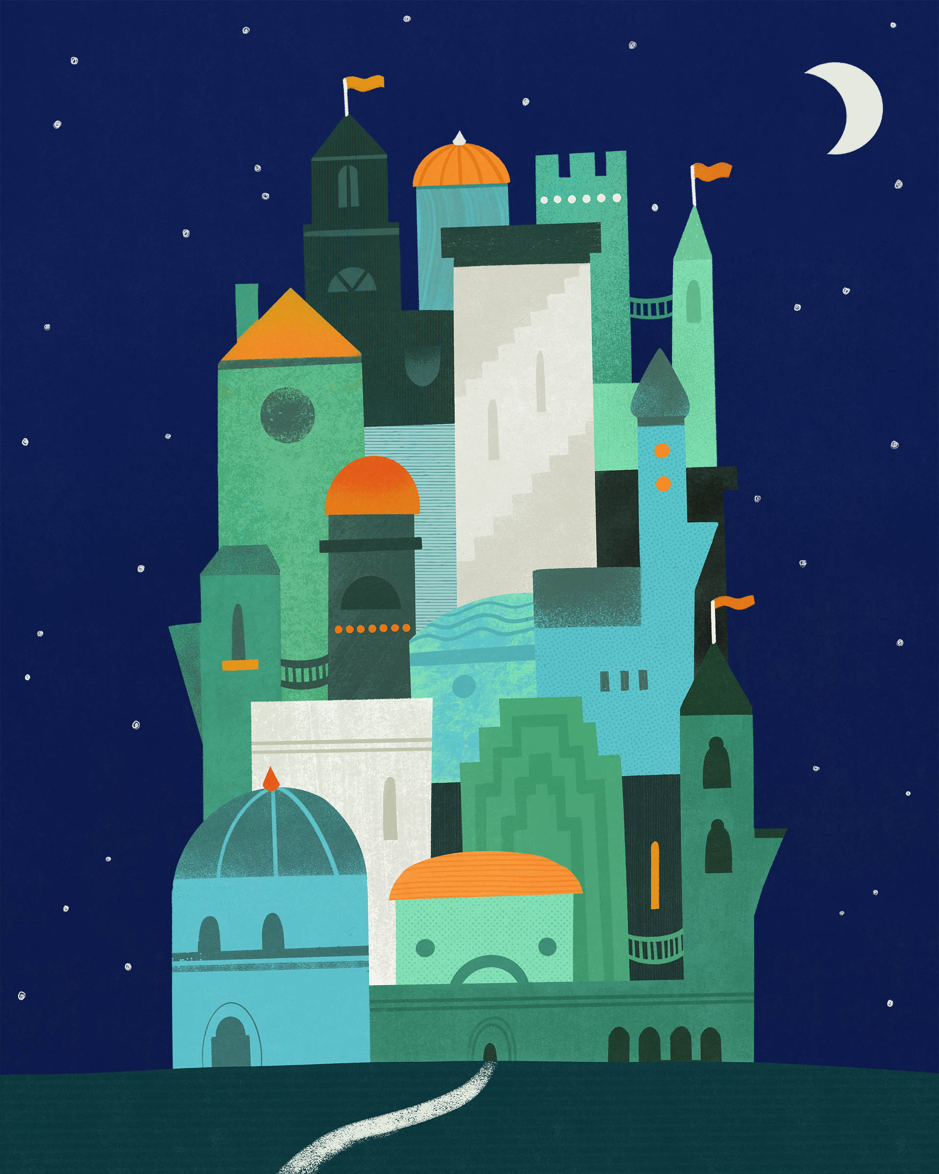A city with many towers, windows and rooftops. In the background there is a night sky with moon and stars.