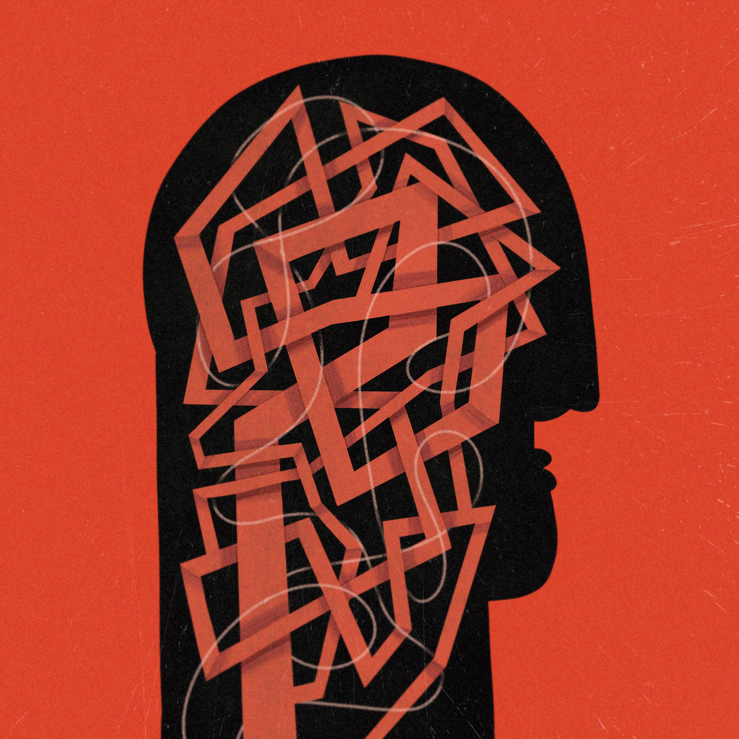 A silhouette of a head with a bunch of tangled thoughts inside.