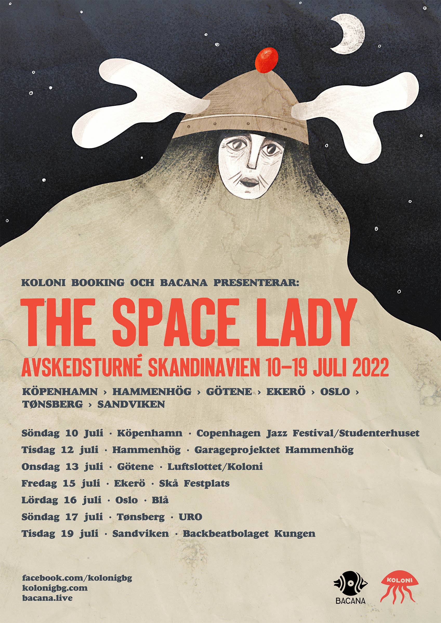 The space lady with a hat with antlers and a dark sky with moon and stars in the background.